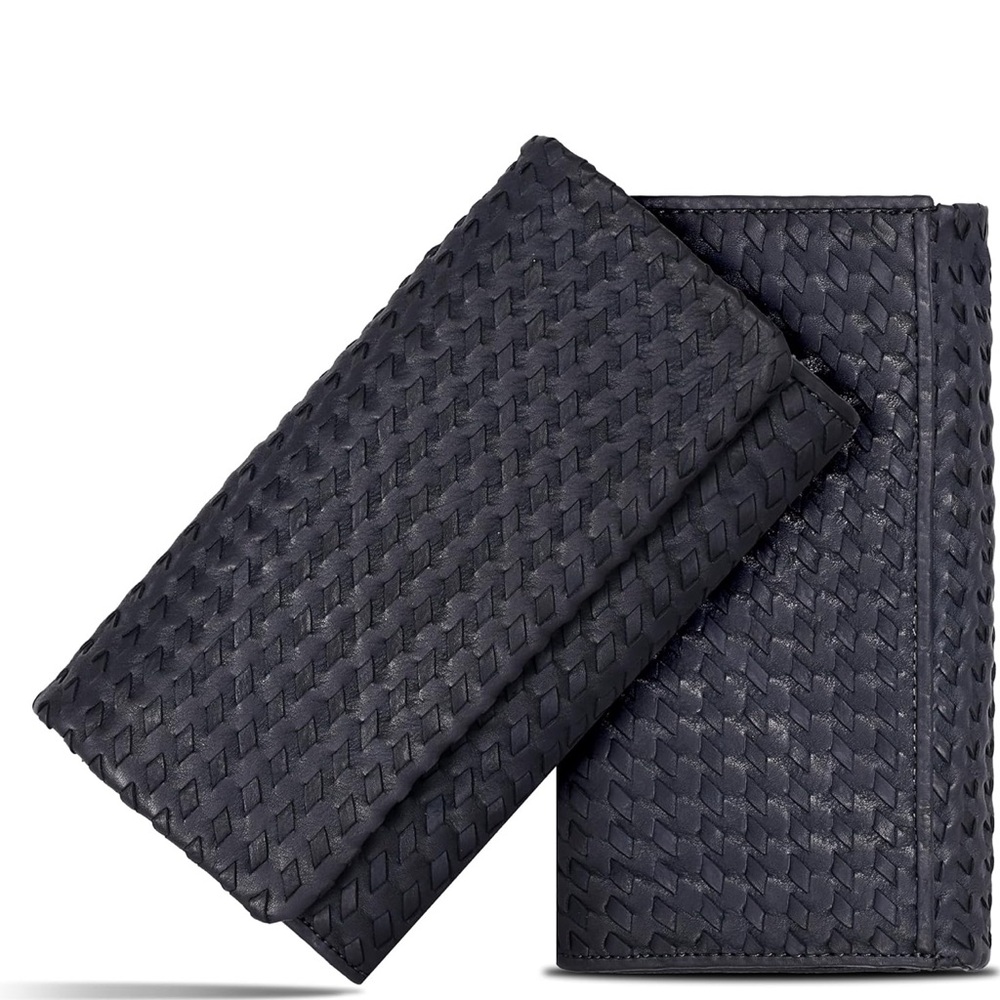 Vera Pelle Woven Leather Long Wallet in Black
